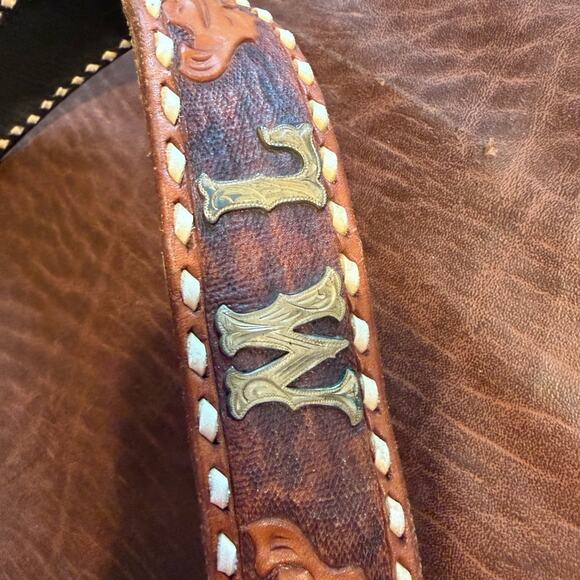 Navajo handmade silver with turquoise belt buckle and embossed leather belt main image 5